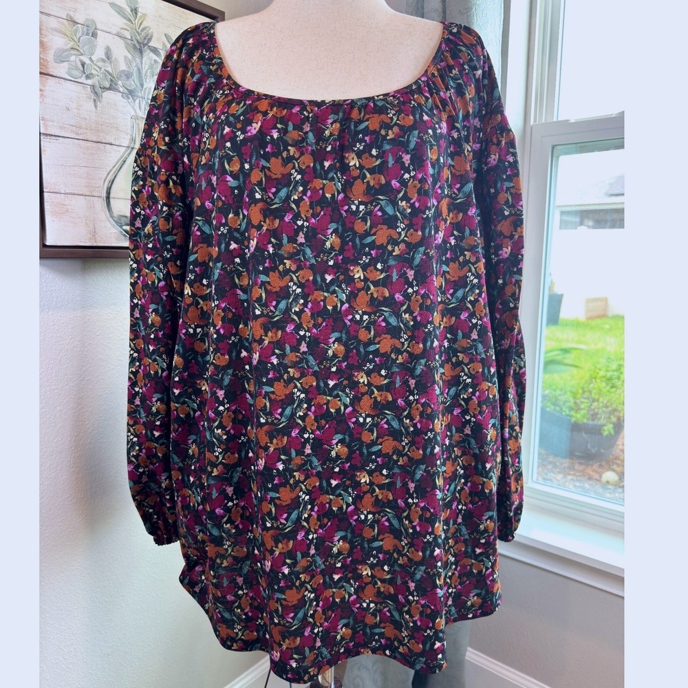 Ava & Viv 2X Abstract Botanical Peasant Top 3/4 Sleeve Vibrant Autumn Colors